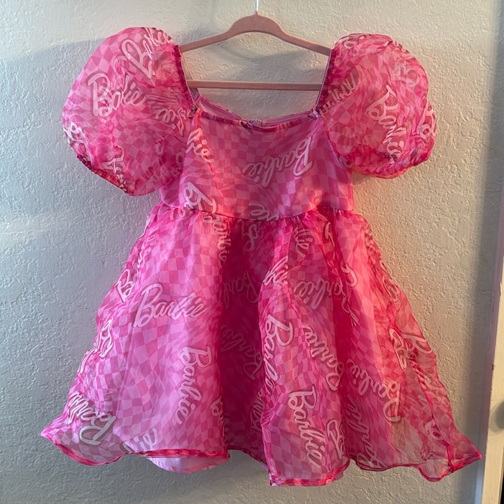Barbie girls tulle pink puff sleeve dress, size S 6/7